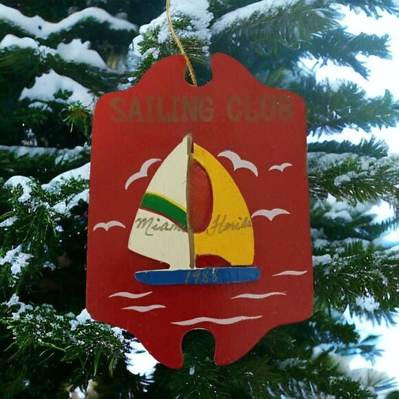 Vintage Miami Florida Ornament Christmas Wood Handpainted Sailboat Seagulls - Picture 11 of 11